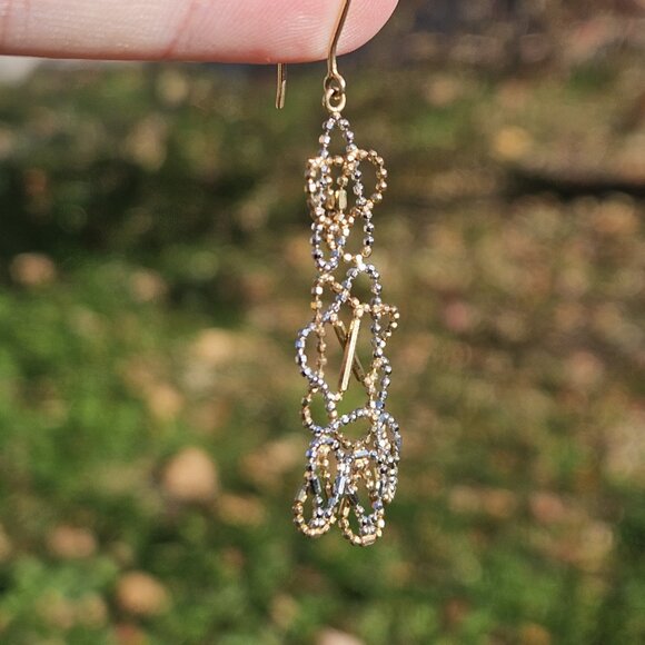 14K Yellow & White Gold Cascading Beaded Lace Drop Dress Shaped Earrings